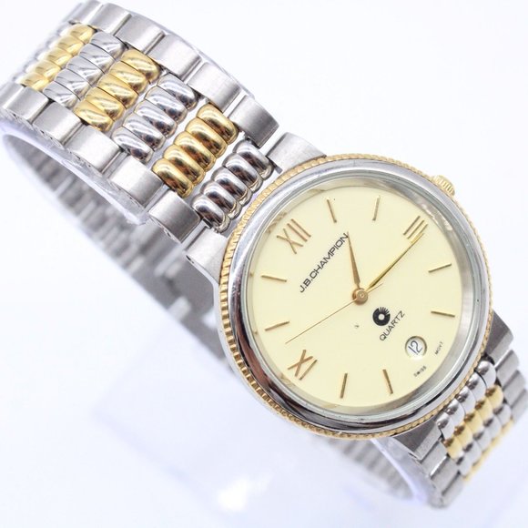 J.B Champion Watch Mens Silver Tone Stainless Steel Beige Dial Swiss Movt - Picture 1 of 8